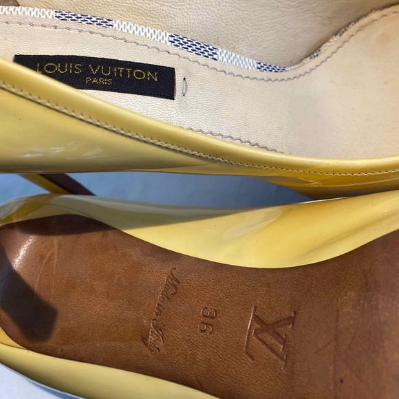 LOUIS VUITTON AZUR DAMIER PAT LEATHER OPEN-TOE PUMPS HEELS LT YELLOW/CREAM 36-6 - Picture 11 of 11